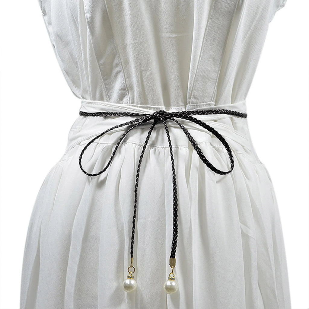 Adjustable Slim Waist Braided Belt with Pearl Buckle