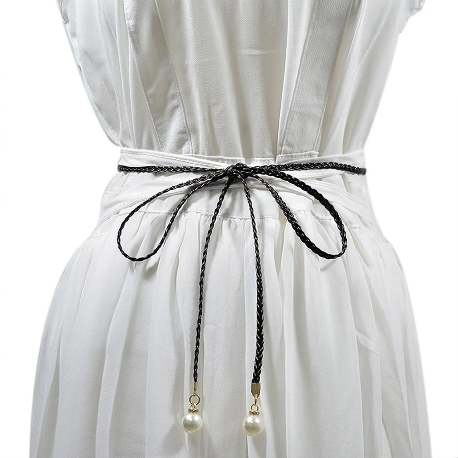 Adjustable Slim Waist Braided Belt with Pearl Buckle