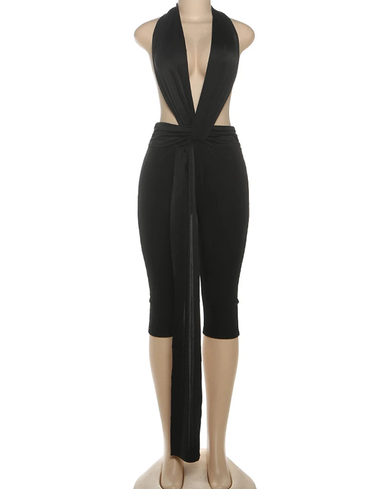 Sisterlinda Backless Halter Romper With Ribbon