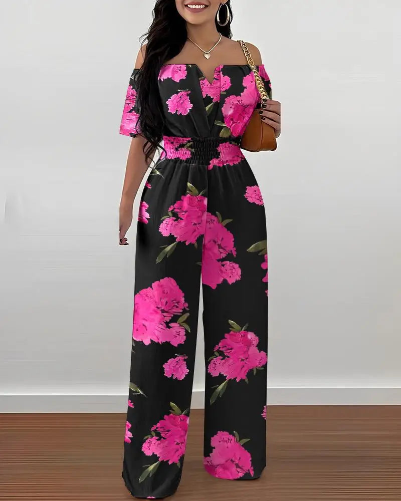Lady Print High Waist Off Shoulder Wide Leg Pants Jumpsuit