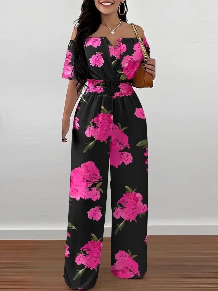 Lady Print High Waist Off Shoulder Wide Leg Pants Jumpsuit