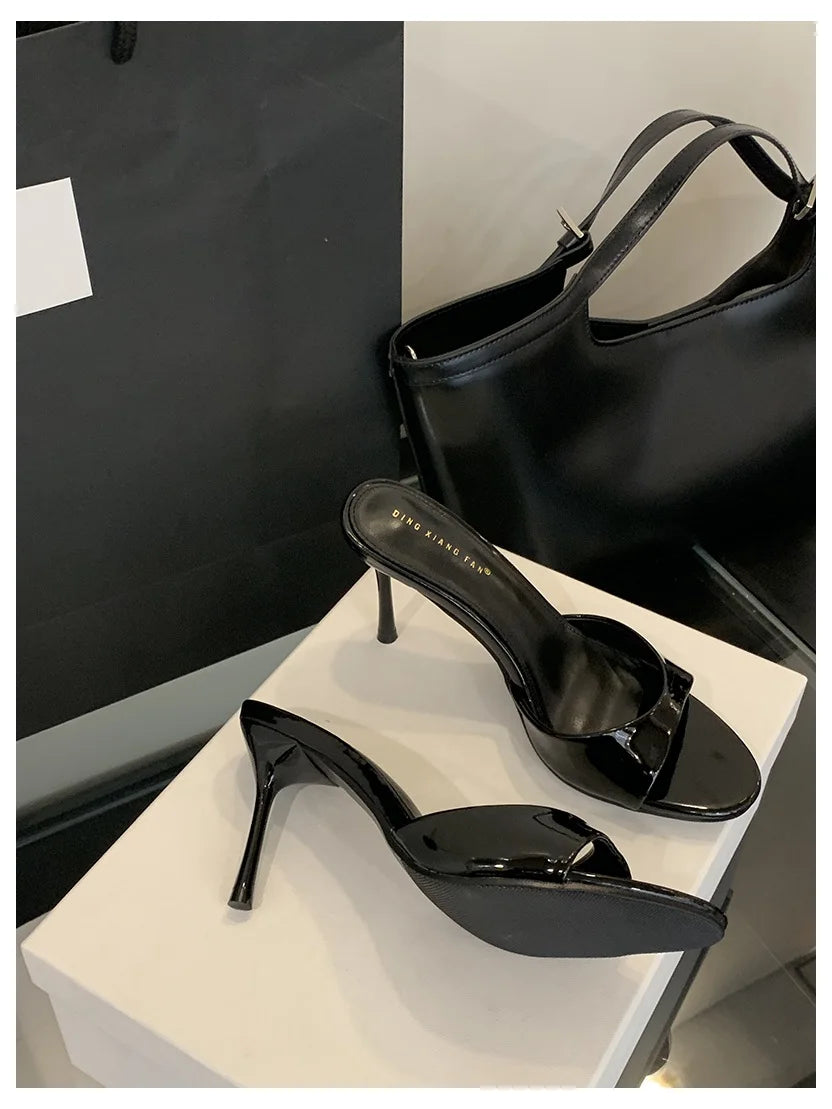 Mule Patent Leather Thin Open Toe High Heel Slides