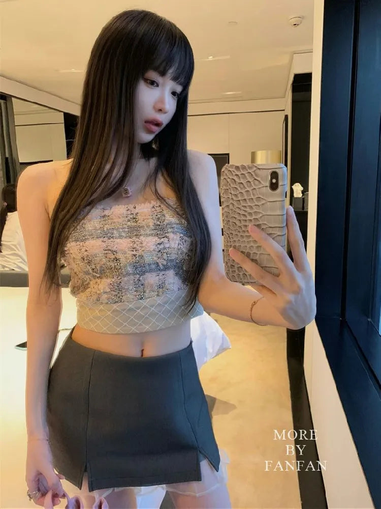 Plaid  Slim Sleeveless Bustier Tube Crop Top
