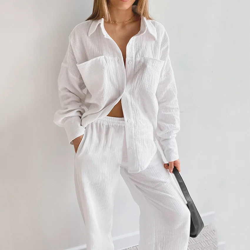 Full Sleeve Single Breasted Wide Leg Pants Pajama Set