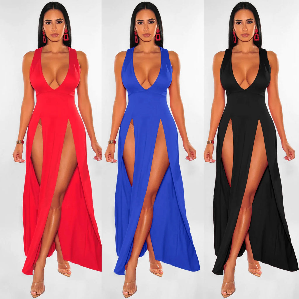 Sexy Black Lingerie Dress – Low-Cut V-Neck, Double Slit