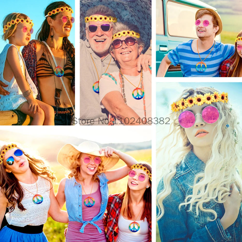 Women 70s 80s Hippie Cosplay Accessories Halloween Party Props Daisy Headband Sunglasses Peace Necklace Hippie Custome wearing