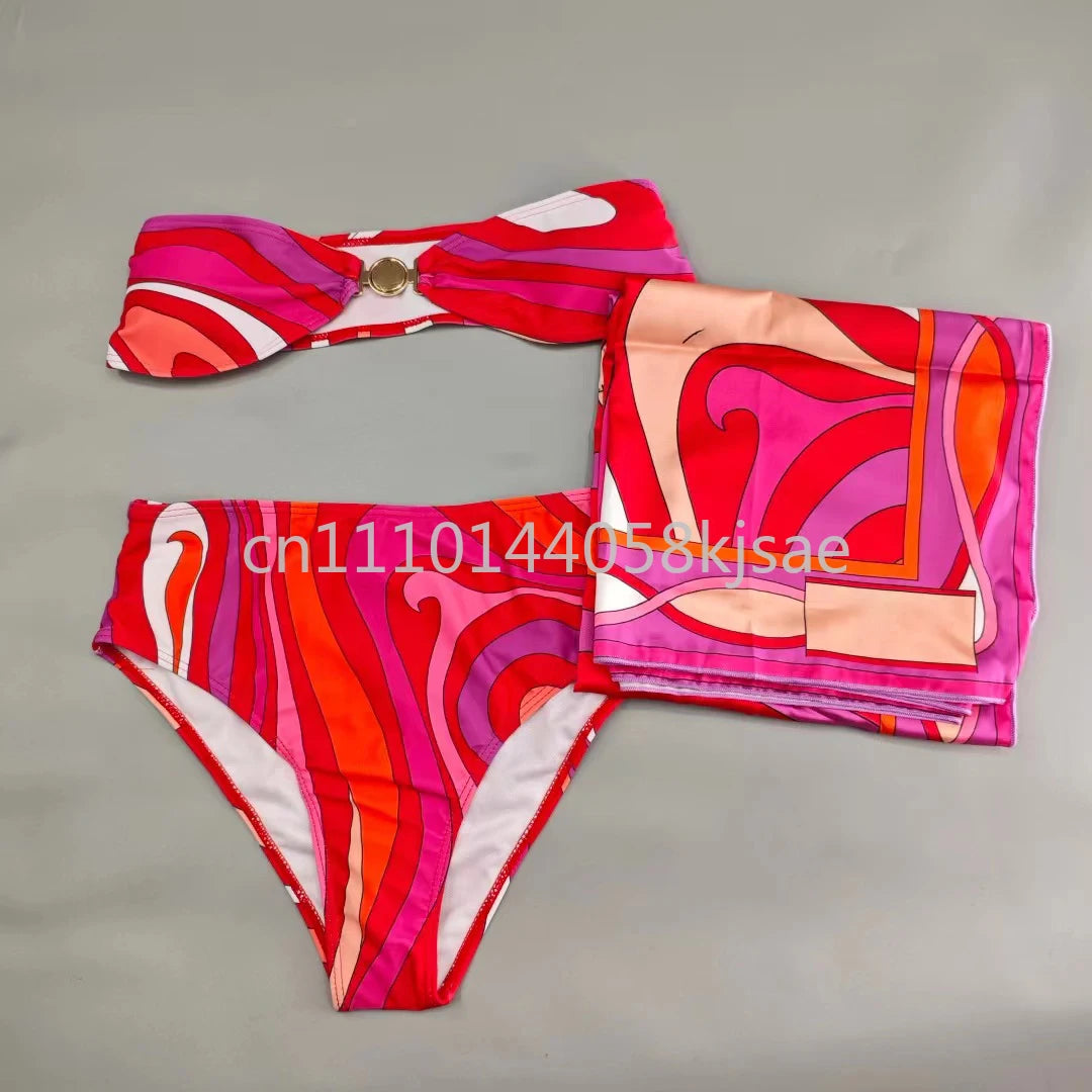 Red Scarf Letter Headband Signature Logo Bikini Sets