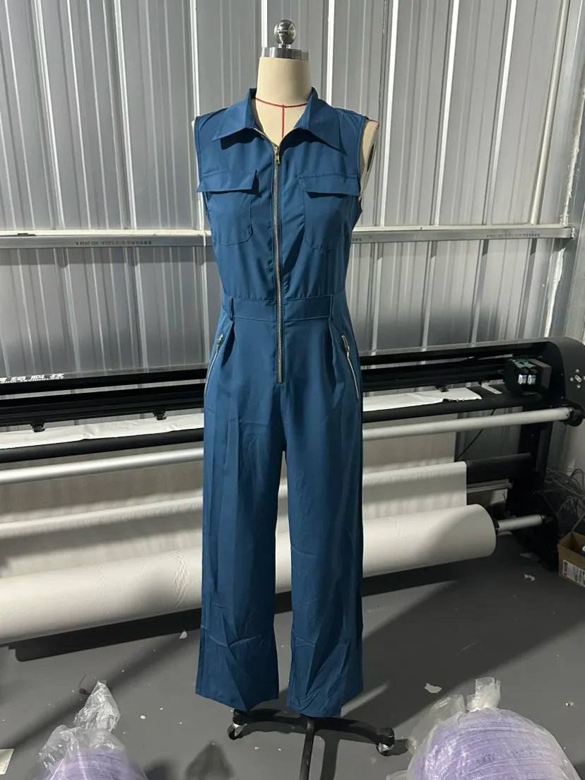 Elegant Jumpsuit Solid Color Zipper One-Piece Jumpsuit Chic Slim Fit Wide Leg Jumpsuit Casual Sleeveless Overalls Women Summer