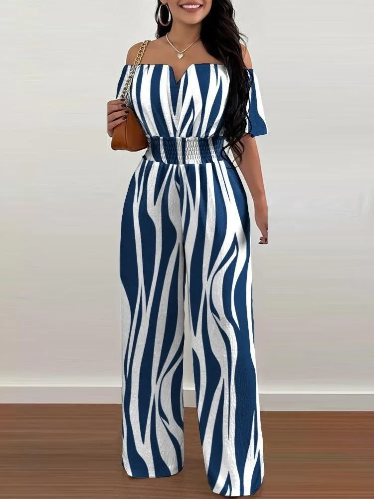 Lady Print High Waist Off Shoulder Wide Leg Pants Jumpsuit