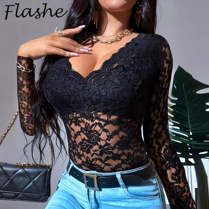 Sexy Floral Lace Long-Sleeve Slim Top