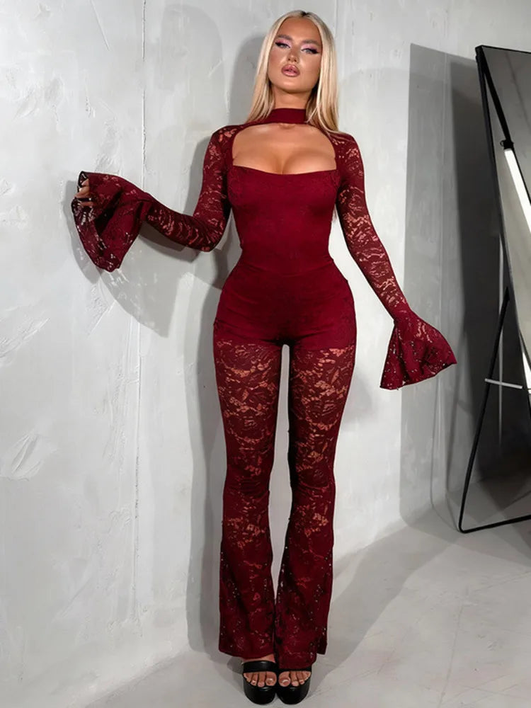 Articat Flared Long Sleeve Lace Jumpsuit