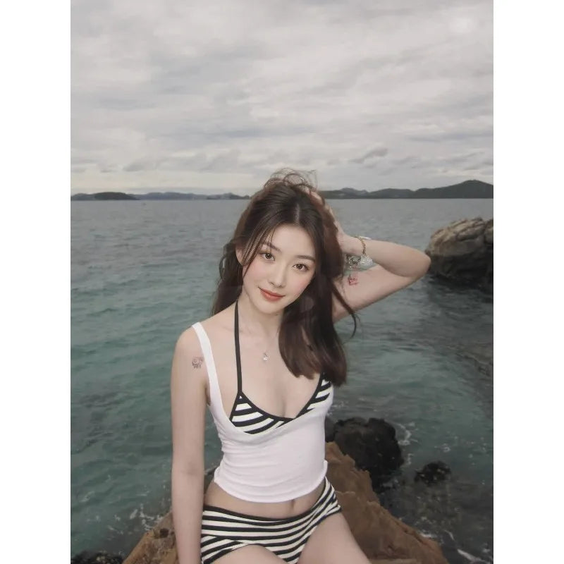 Thailand Retro Black White Stripe Swimwear