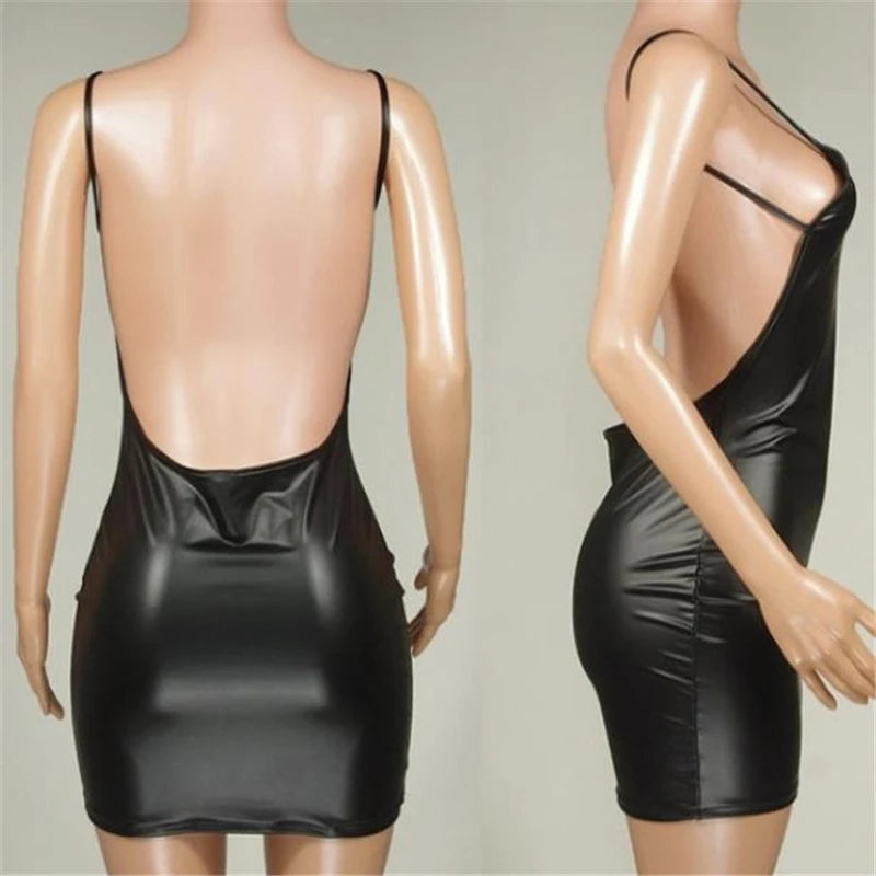 Backless Black Faux Leather Mini Dress