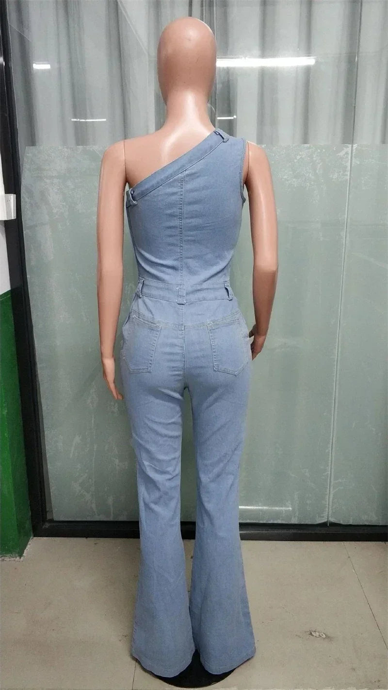 One Shoulder Denim Flare Playsuit