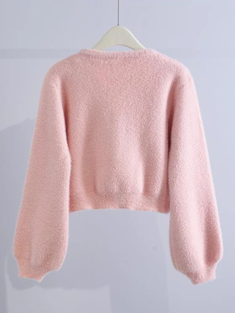 Loose Bowknot Knitted Korean Sweet Pink Cardigan
