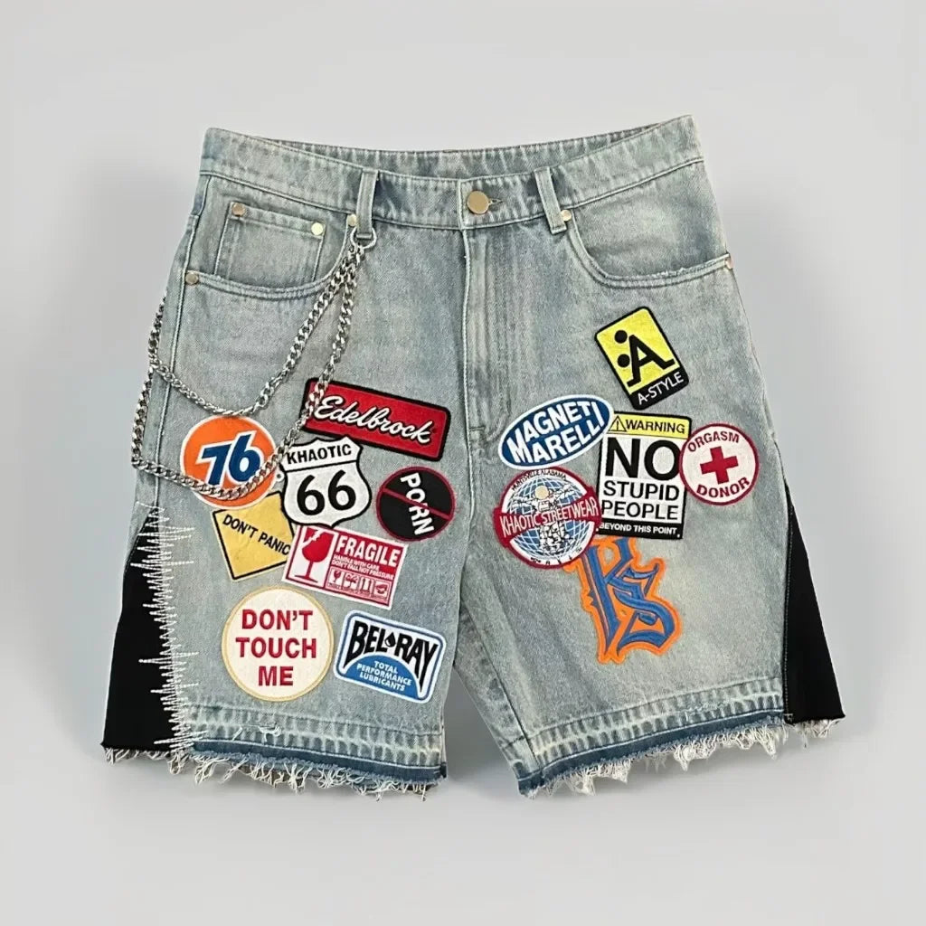 American Retro Camo Embroidery Patch Denim Short Jeans