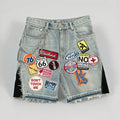 American Retro Camo Embroidery Patch Denim Short Jeans