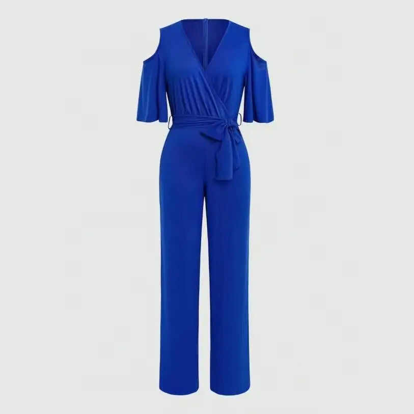V-neck Cold Shoulder Flare Sleeve Tie Waist Wide Leg Romper