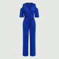V-neck Cold Shoulder Flare Sleeve Tie Waist Wide Leg Romper