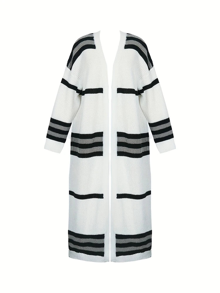 Long Relaxed Fit Striped Design Cardigan
