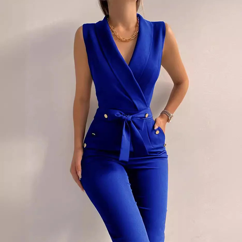 Sleeveless V-neck High Waist Belt Jumpsuits