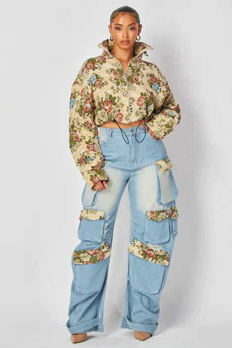 Printed Matching High Waist Straight Jeans Single Breasted Turn Down Collar Set