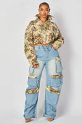 Printed Matching High Waist Straight Jeans Single Breasted Turn Down Collar Set