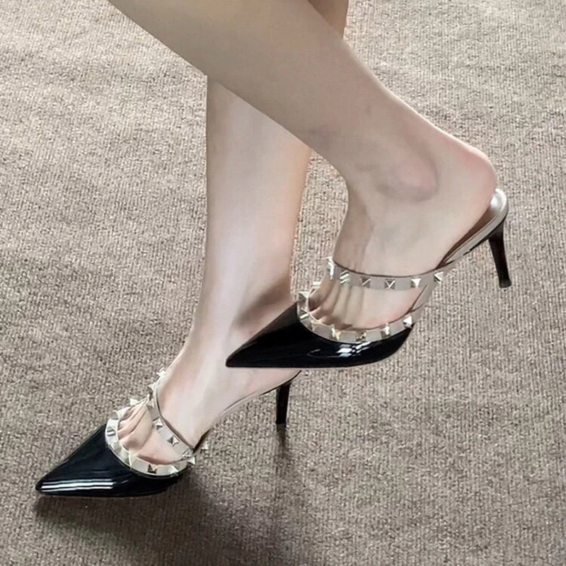 Nude Studded Pointed Toe Single Strap Half-Slippers