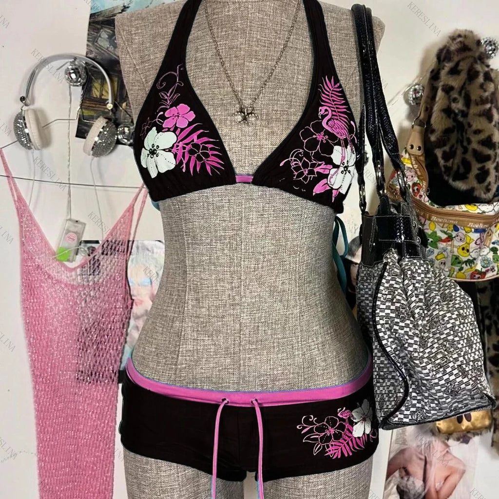 Vintage Flower Print Halter Strap Shorts Bikini