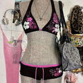 Vintage Flower Print Halter Strap Shorts Bikini