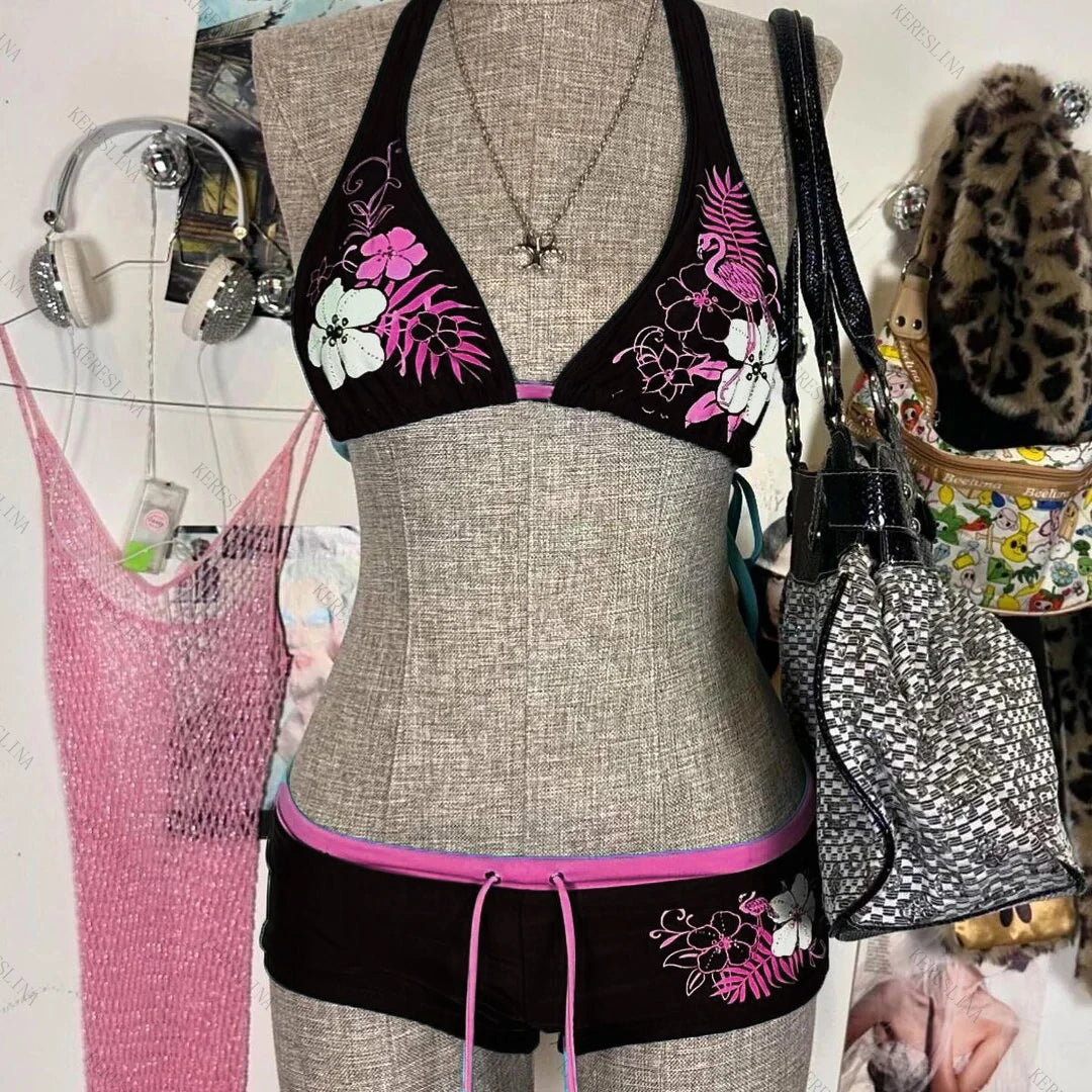 Vintage Flower Print Halter Strap Shorts Bikini