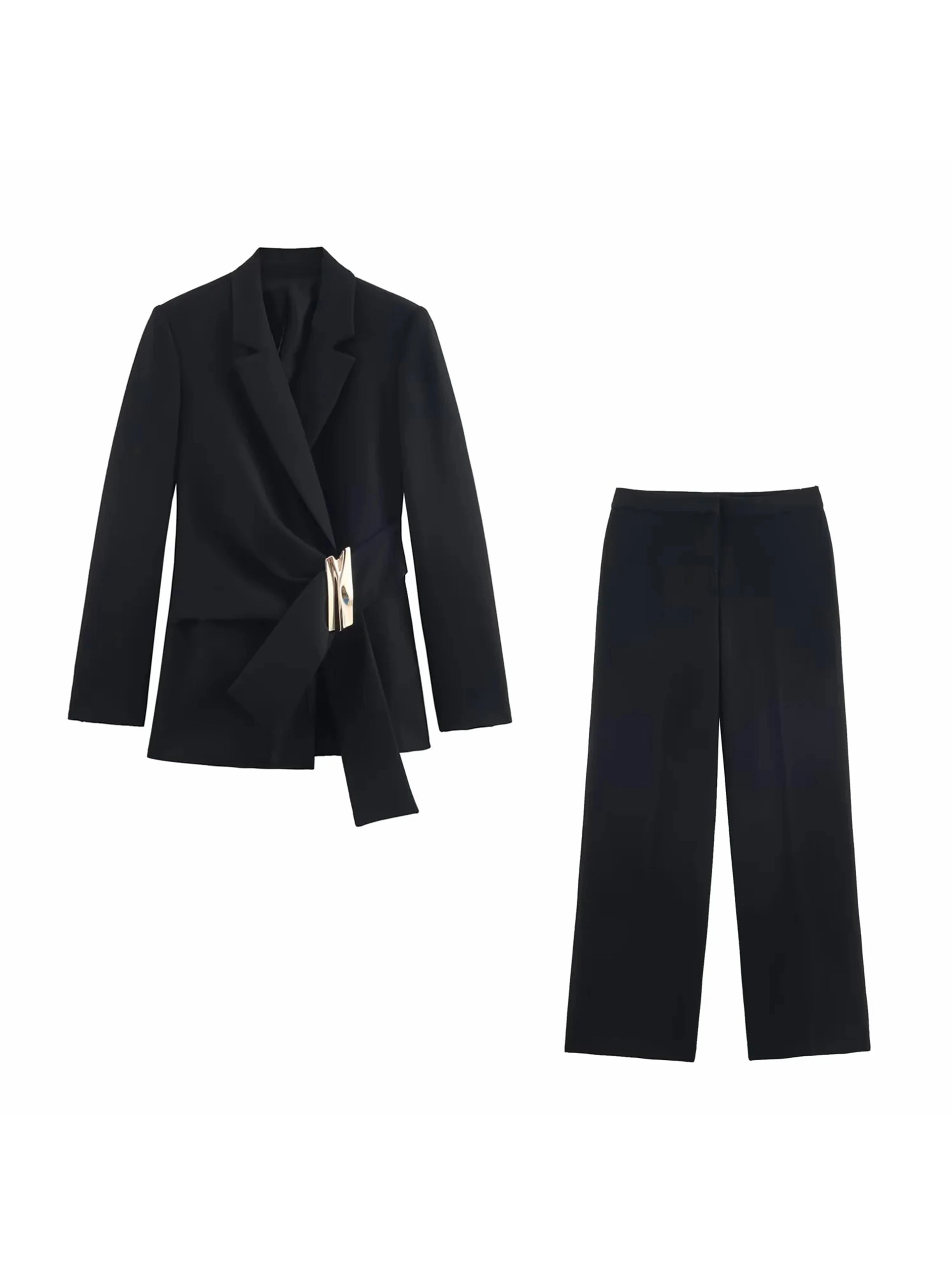 Two-Piece Set Buckle Decoration Suit Pants & Long Sleeve Blazer Coat