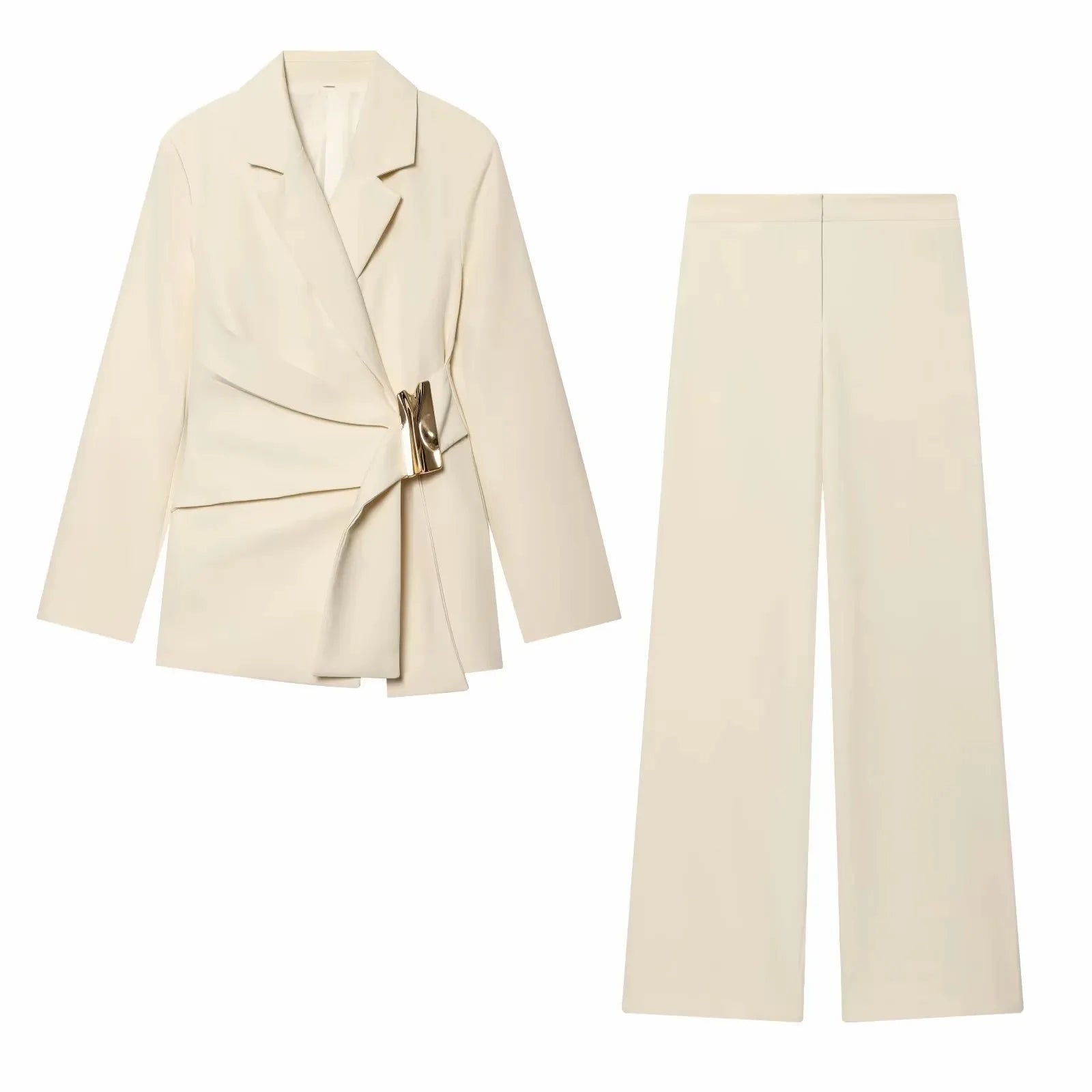 Two-Piece Set Buckle Decoration Suit Pants & Long Sleeve Blazer Coat