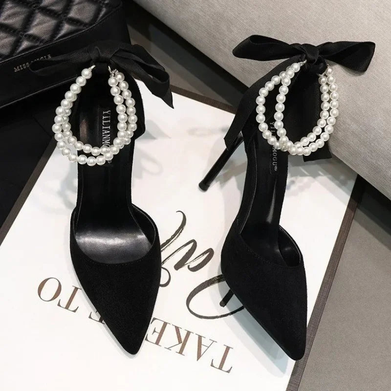 String Bead Pearl Pointed Toe High Heels