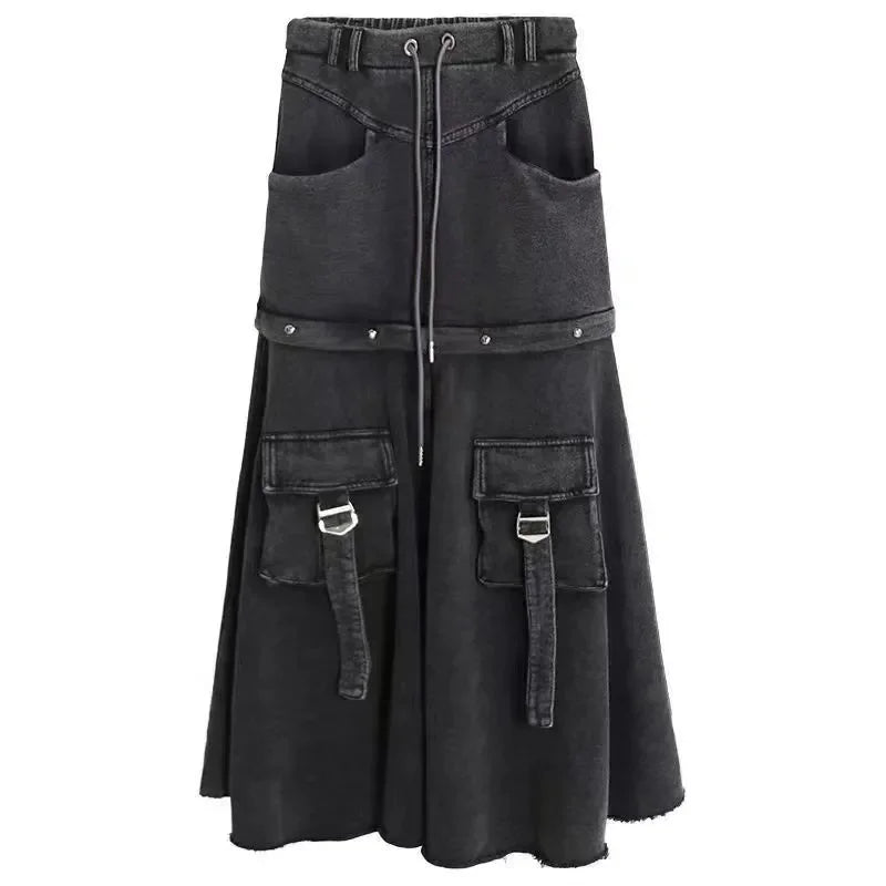 Two Way Detachable Hem Zipper Connection Black Denim Skirt