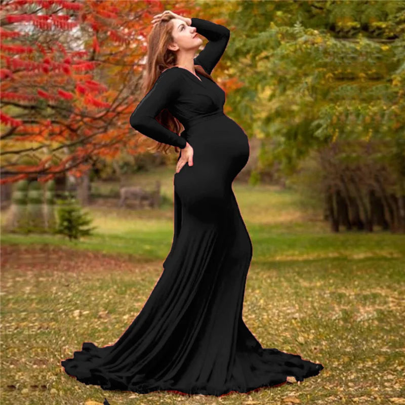 Elegant Long Sleeve V-Neck Photo Shoot Maternity Dress