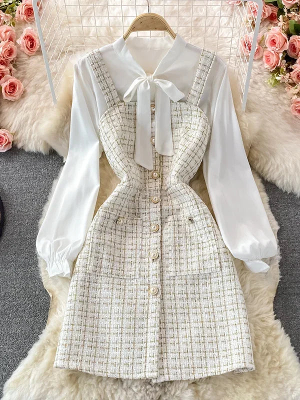 Bowtied Collar White Blouse Mini Tweed Dress