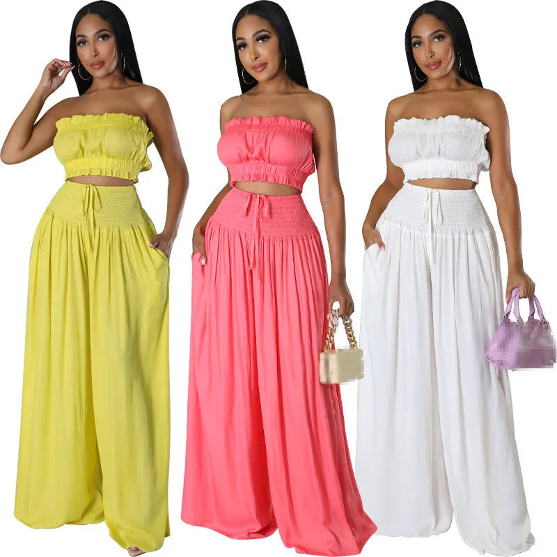 Women 2PC Raunched Midi Top & Loose Pants Set