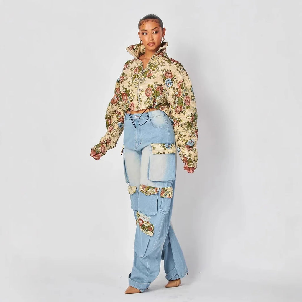 Printed Matching High Waist Straight Jeans Single Breasted Turn Down Collar Set