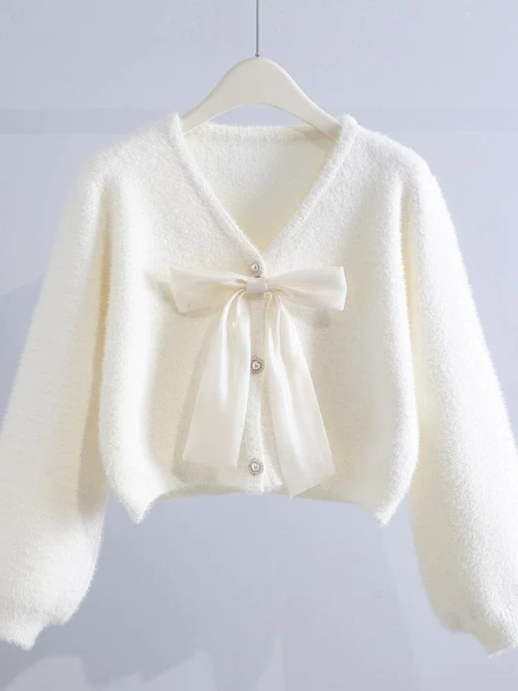 Loose Bowknot Knitted Korean Sweet Pink Cardigan