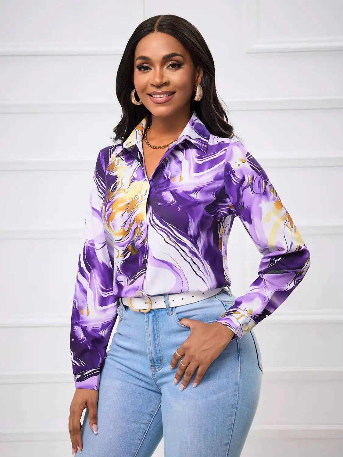 Satin Purple Gold Marble Print Collared Blouse