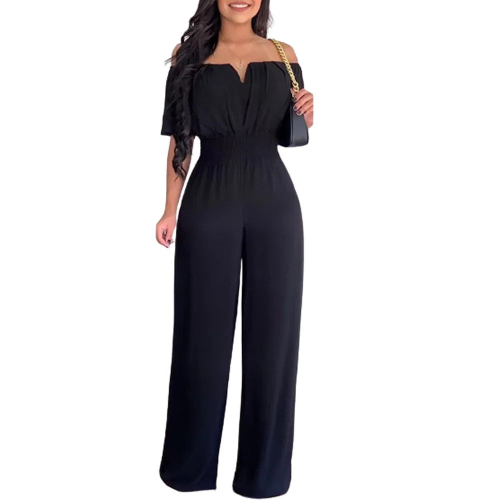 Lady Print High Waist Off Shoulder Wide Leg Pants Jumpsuit