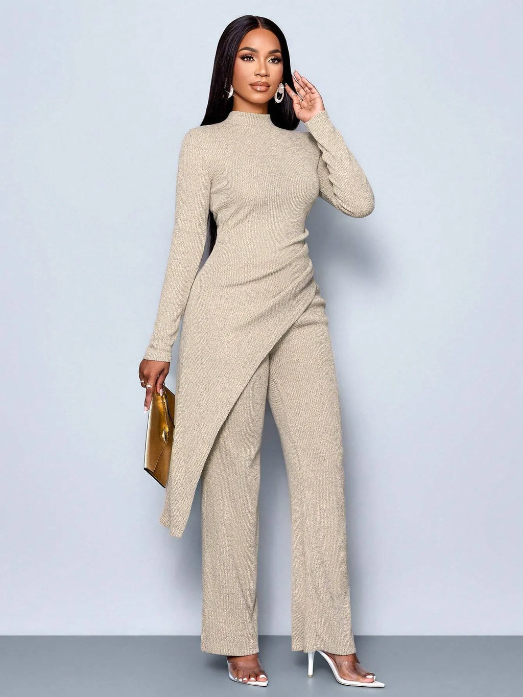 Asymmetric High-neck Pants Set