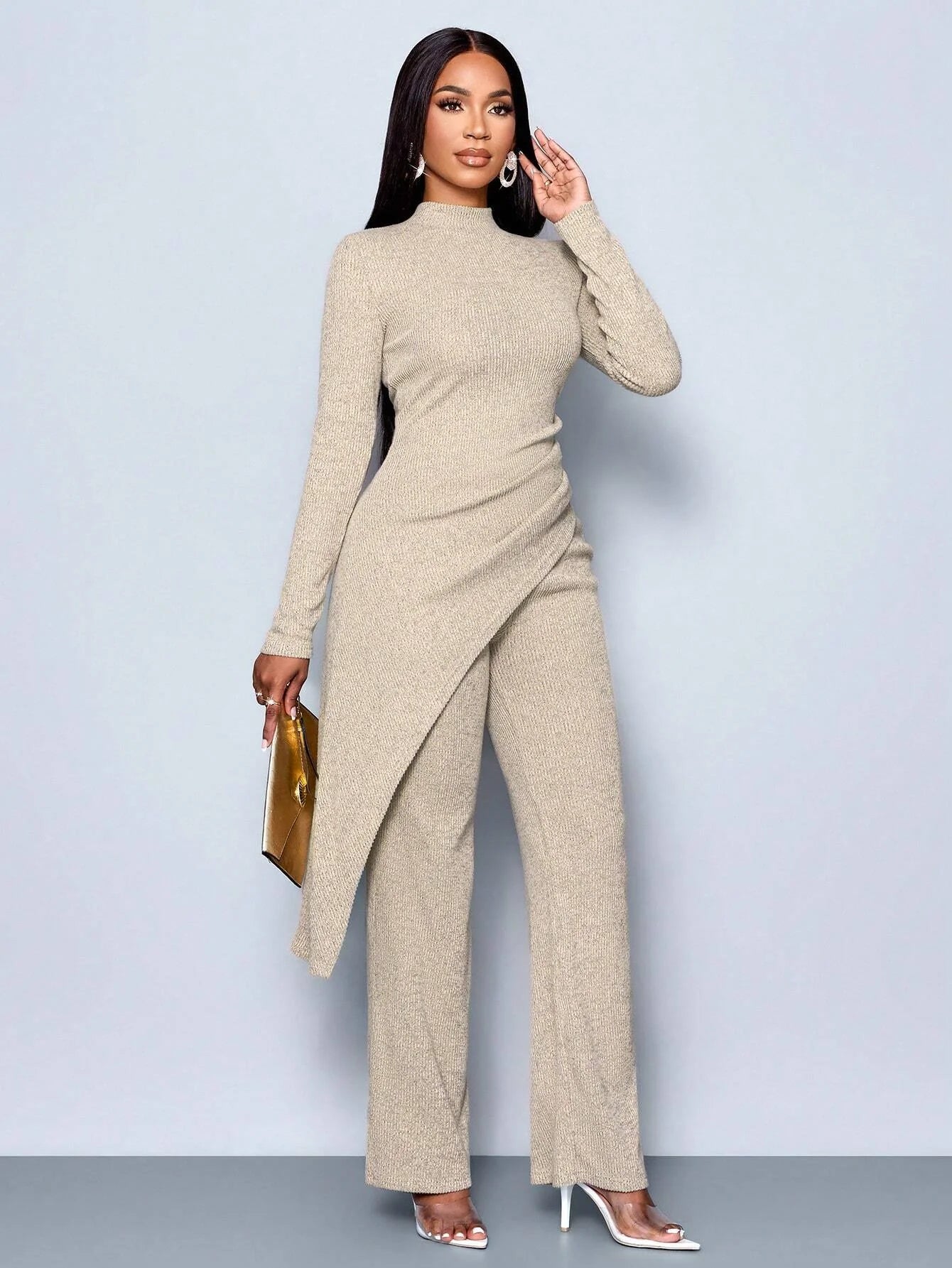 Asymmetric High-neck Pants Set
