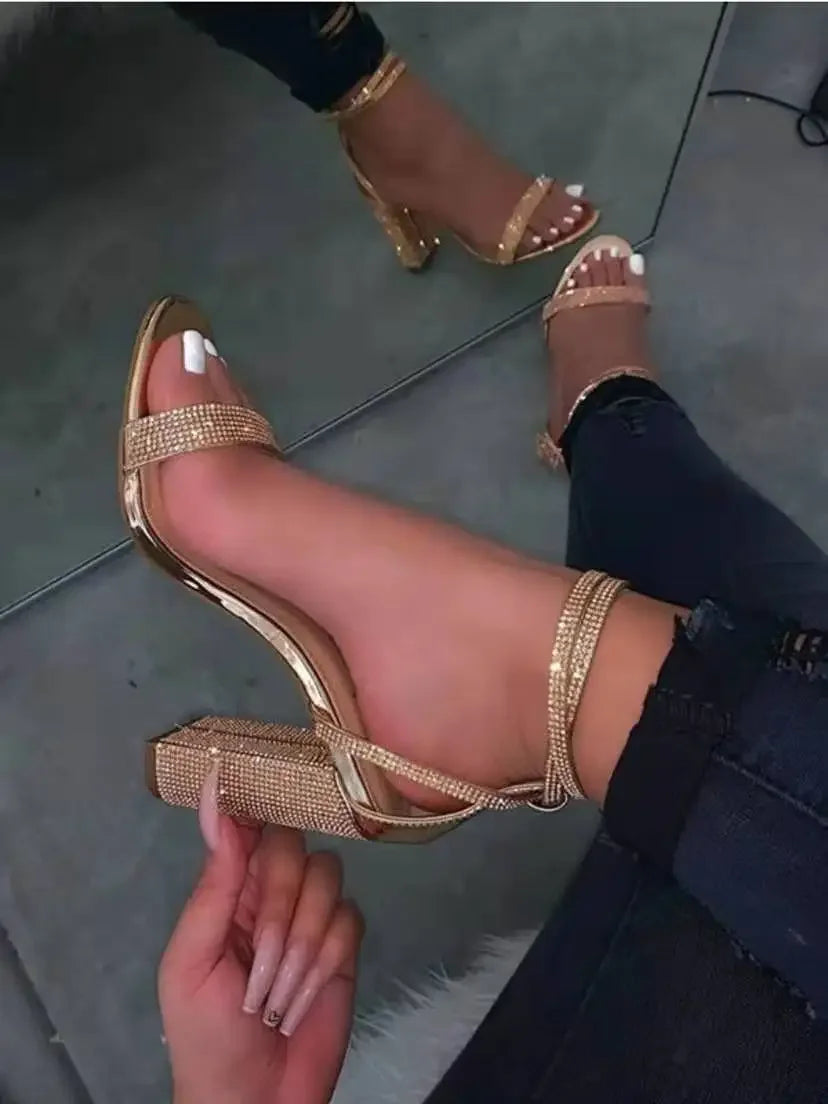 Transparent Rhinestone Block Heel Sandals