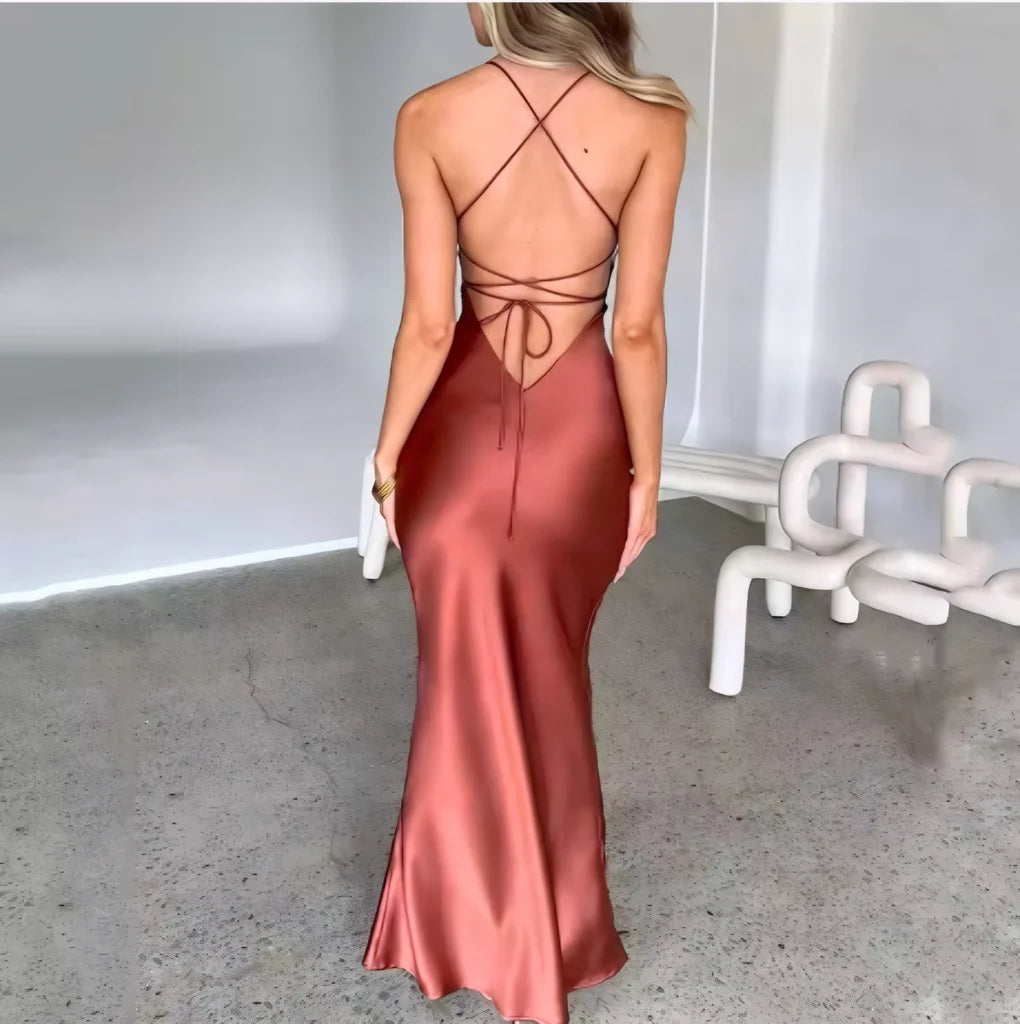 Cinched Waist Halter Satin Backless Long Dress
