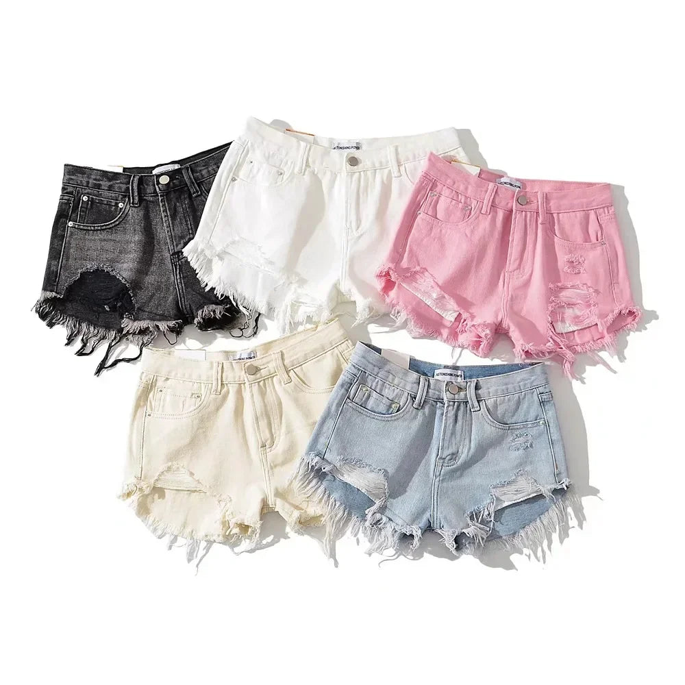 Denim Washed High Waist Hole Spliced Shorts