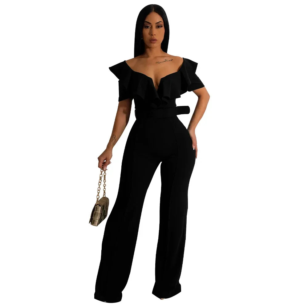 Ruffle Edge V-neck Fitted Waist One-piece