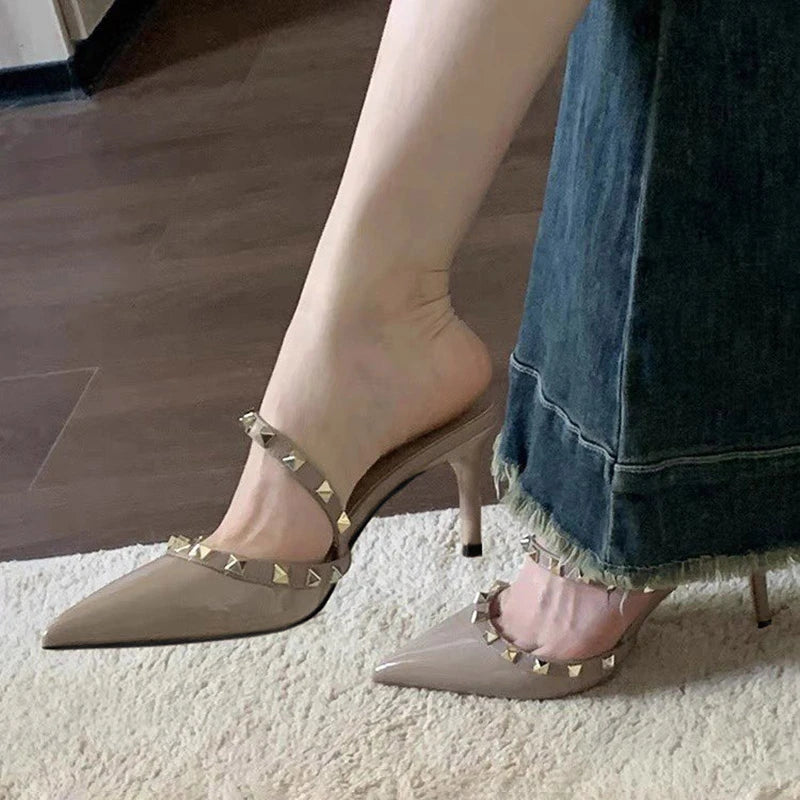 Nude Studded Pointed Toe Single Strap Half-Slippers