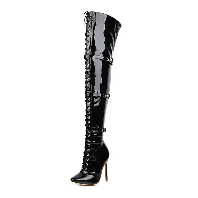 Patent Leather Thin Cross Tied Over The Knee Boots